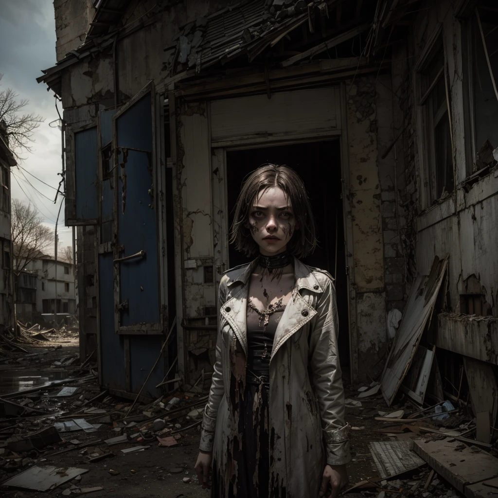 An undead girl wearing a straitjacket, in the background a sinister and dilapidated asylum