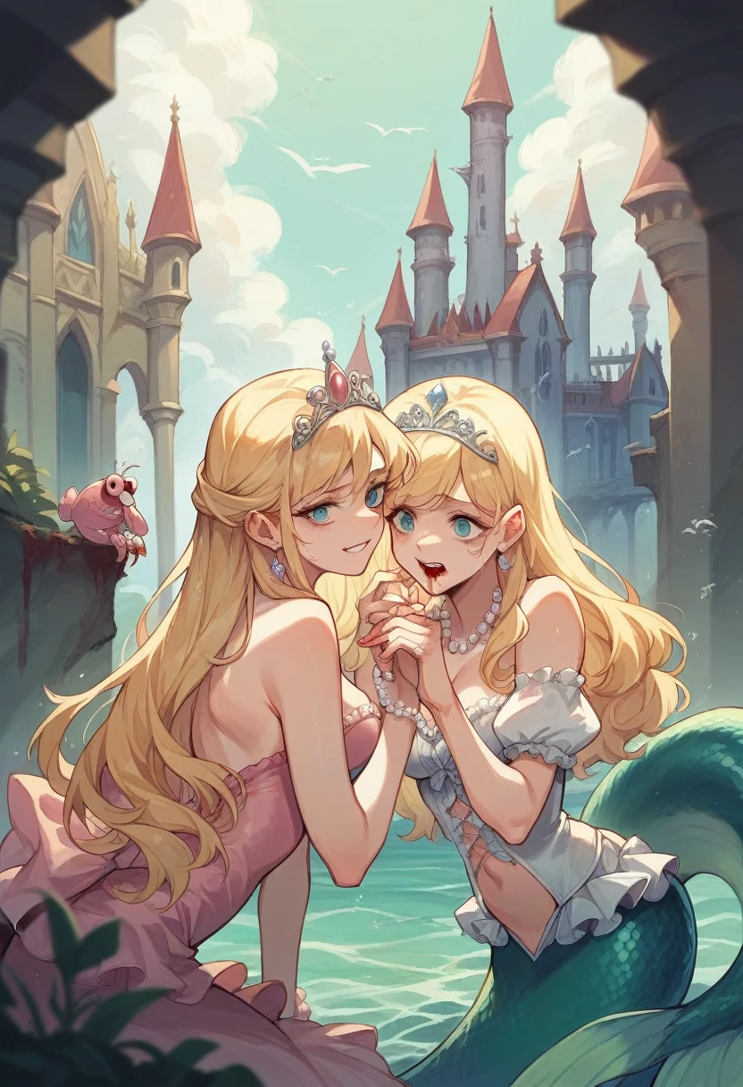 Blonde Barbie doll with mermaid tail, blonde hair and princess tiara behind a royal castle in an ocean with bloody waters and a dead pink seahorse next to it and shells with open pearls with pearl necklaces and rings with bloodstains