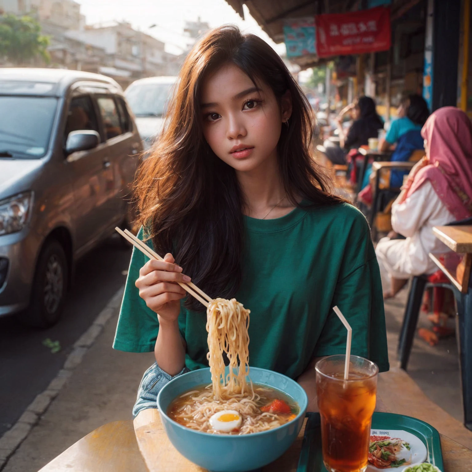 A beautiful young Indonesian girl, sitting and eating at a food stall in Surabaya city, Indonesia. On the table, there is already food: soto, a plate with a bit of rice, and iced tea. She is wearing an oversized green t-shirt, realistic, UHD, 8K.
