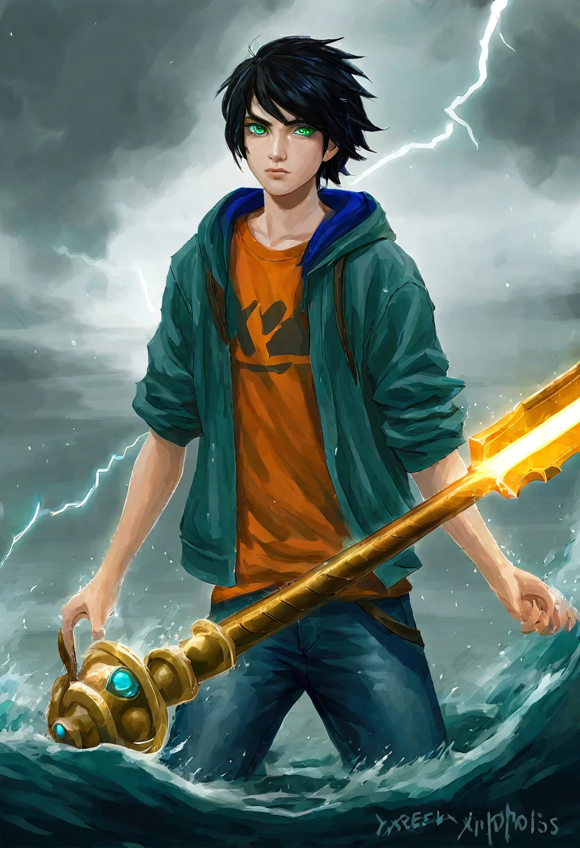 1boy, 18yo, fair skinned, short, messy black hair, green eyes, torrential waters, dark and stormy skies, lightning, standing in the water, wearing an orange t-shirt with blue jeans, grey hoodie jacket, (holding a Greek Xiphos sword with a glowing bronze blade: 1.3)