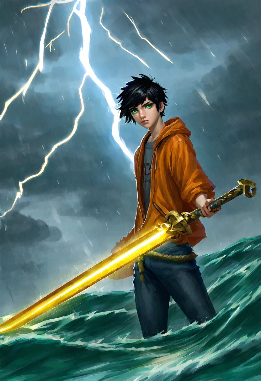 1boy, 18yo, fair skinned, short, messy black hair, green eyes, torrential waters, dark and stormy skies, lightning, standing in the water, wearing an orange t-shirt with blue jeans, grey hoodie jacket, (holding a Greek Xiphos sword with a glowing bronze blade: 1.3)