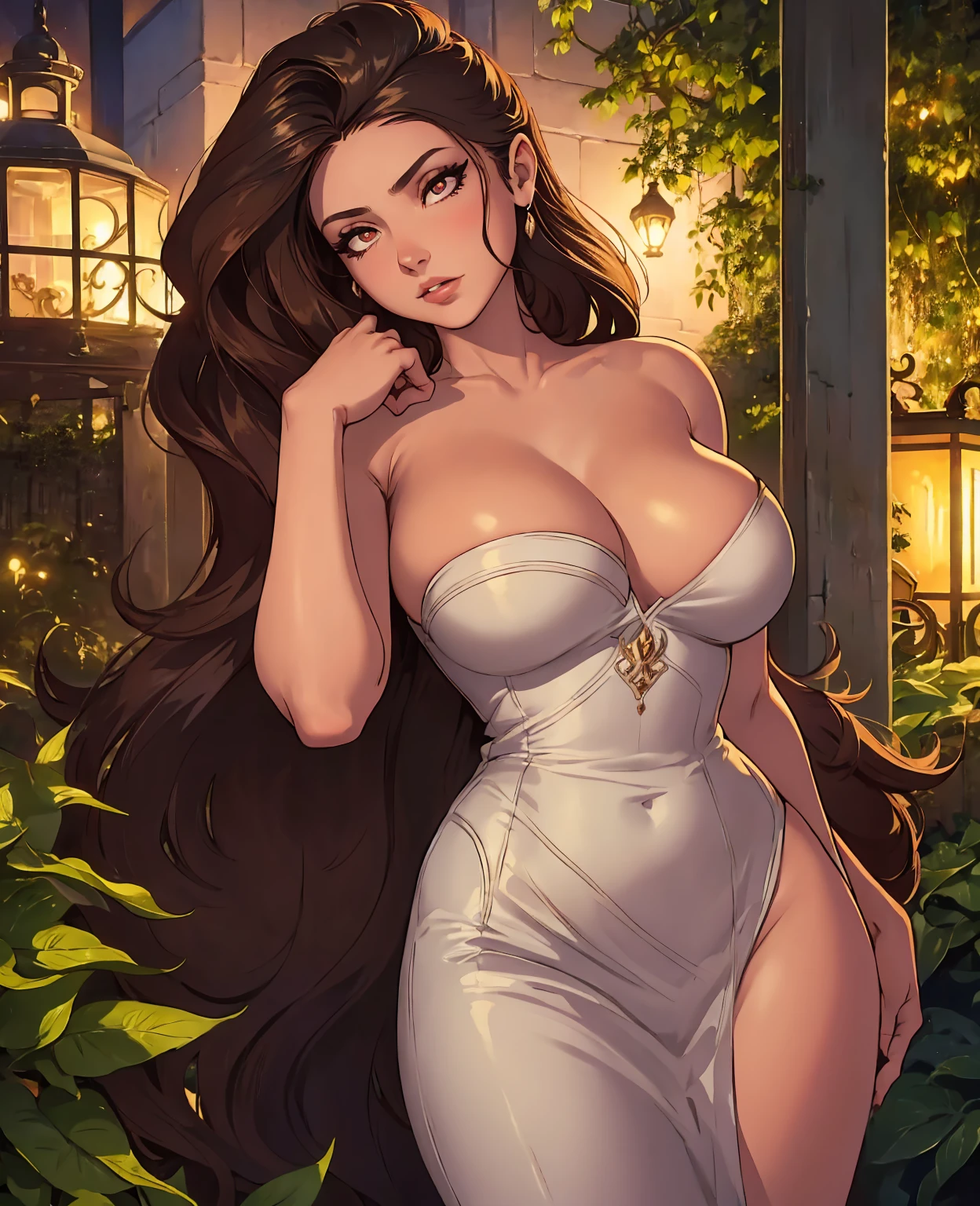 a beautiful woman, elegant and alluring, posing gracefully in a garden, 1girl, a perfect figure, flawless skin, long dark hair, mesmerizing eyes, full lips, stylish clothes, artistic, cinematic lighting, intricate details, high quality, photorealistic, dramatic colors, warm tones, glowing skin, masterpiece