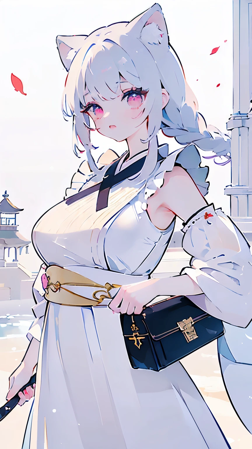 Tsundere 18 year old girl, beautiful and delicate eyes, beautiful lips, very detailed 눈과 얼굴, long eyelashes, 1girl, white cat ears, foot long bag, Front view, Red-eye, (top quality, 4K, 8K, high resolution, masterpiece:1.2), very detailed, (realistic인, realistic인, realistic인, realistic인, realistic: 1.37), very large breasts, japanese sword, elegant, fantasy, white background,holding a weapon, maid uniform, I can see my armpits
