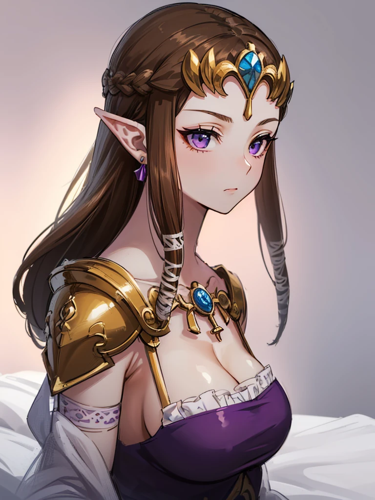 ((((Exposed shoulders)))),((())),(((((Side angle))))),(((Expressionless))),((((Striking a sexy pose)))))),((Upper Body)),((alone)),((),Anime art style,masterpiece,(Highest quality), (Super detailed),(Very delicate and beautiful),(ponytail),(detailedな顔と目),Beautiful eyes like jewels,(,(((Mature Woman,Queen))),(()),((crinoline)),,((Straight long hair)),,Cleavage,(bed),length_gloves,Very gorgeous hair accessories,、(((()))),((((Adult Expressions)))),((((Beautiful Face)))),((((dress)))),(()),(((Long Hair)))),((((Straight hair)))),((Cleavage)),((((Dark brown hair)))),Princess Zelda,((chest is slightly exposed)), ((Highest quality)),,(Very detailed) ,(((((Purple blouse))),(()),Brown Hair,, ((Highest quality)), (Very detailed),((detailed)),(((pray))),Nintendo, The Legend of Zelda),,((alone)), ((Highest quality)), (((Portrait of a single person))), ,