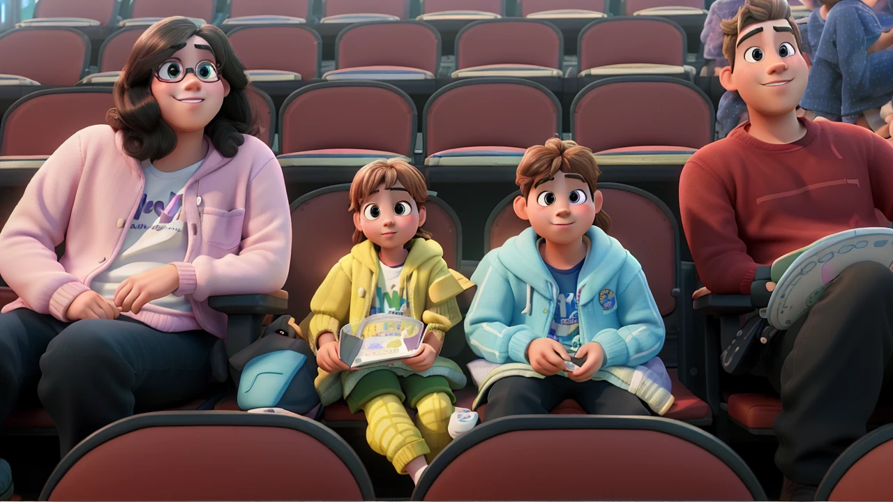 masterpiece, best quality, (extremely detailed CG unity 8k wallpaper), (best quality), (best illustration), (best shadow),A couple with two kids sitting in stadium, high quality photo, group photo, group portrait, commissioned, 8k quality, photo realistic in disney pixar style. high quality, 8k, master piece, 3d disney, disney pixar