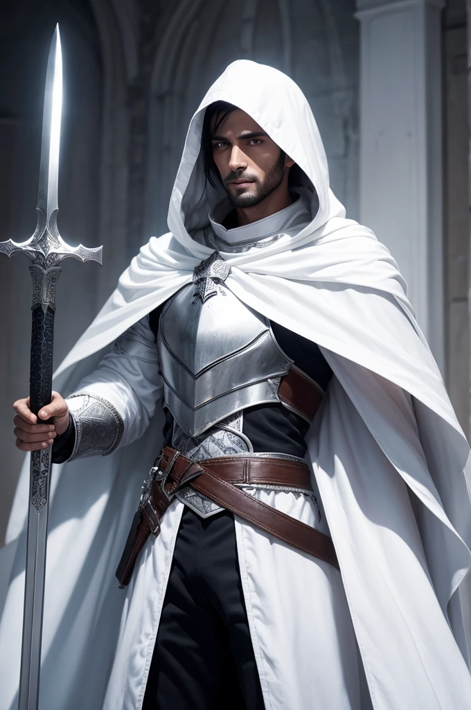 Tall dark man,dressed in white armor,with white cloak,carrying sword