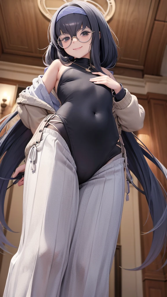 View from below、seductive smile、flat chest、Glasses