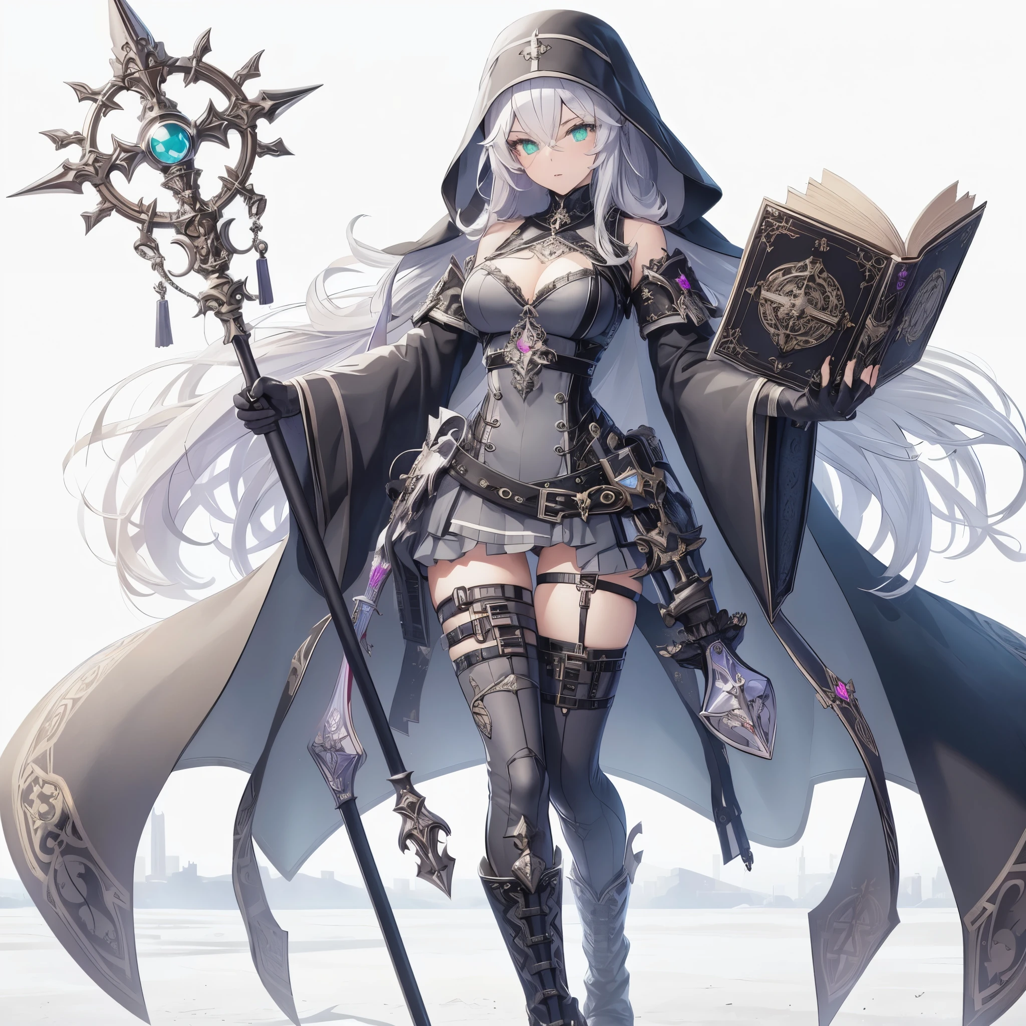 (masterpiece, Best Quality), (detailed hairs), Ultra-detailed, Anime style, Full body, Solo, Cyberpunk nun girl, slate grey colored wrestler costume, nun`s headdress, white hair and green eye, held huge royal scepter and magic book, wearing long boots, ultra-massive, tall stylish, Muscular but feminine body shape, White background, standing full length, standing in desolated land
