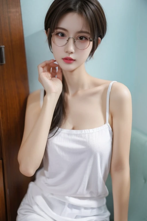 Highest quality、masterpiece、High sensitivity、High resolution、Detailed Description、Slender women、Slim Body、Glasses、Casual clothes、Short Hair、