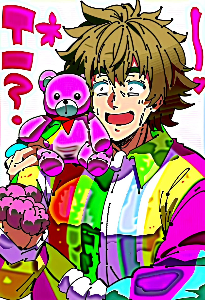 Bobo is、I'm a 50-year-old adult man with shaggy hair and a perpetually surprised look on my face.。. He wears colorful clothes, Baggy clothes、They are often stained and torn due to his mischief.. Rugged look