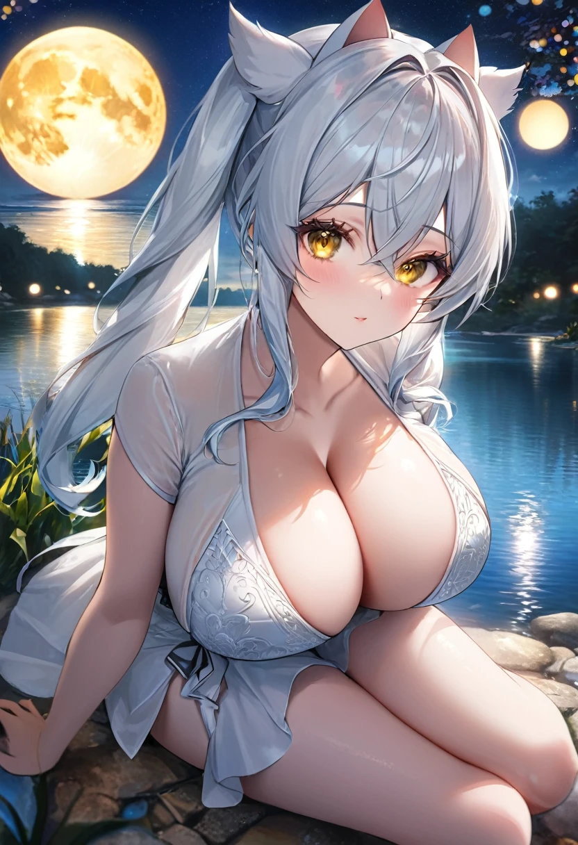 detailed white kitsune, long white ears, highly detailed yellow eyes, sitting on a rock by lake shore, huge dazzling blue moon reflecting in lake, 8k, mature woman, white towel, multiple white tails, very sexy figure, big breasts, beautiful detailed eyes, beautiful detailed lips, extremely detailed eyes and face, long eyelashes, portrait, fantasy, photorealistic, photo-realistic, HDR, UHD, studio lighting, ultra-fine painting, sharp focus, physically-based rendering, extreme detail description, professional, vivid colors, bokeh