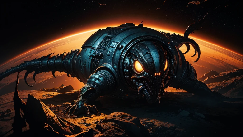 a retro comic style artwork, in the black vacuum of space, an unimaginable horror stirs, a pulsating slimy ovomorph rips open, revealing an agile deadly facehugger, hyper detailed, intricate, bold colors, dynamic composition, dramatic lighting, cinematic atmosphere, chiaroscuro, comic book shading, grunge textures, gritty, high contrast, vibrant, masterpiece, 8k, photorealistic