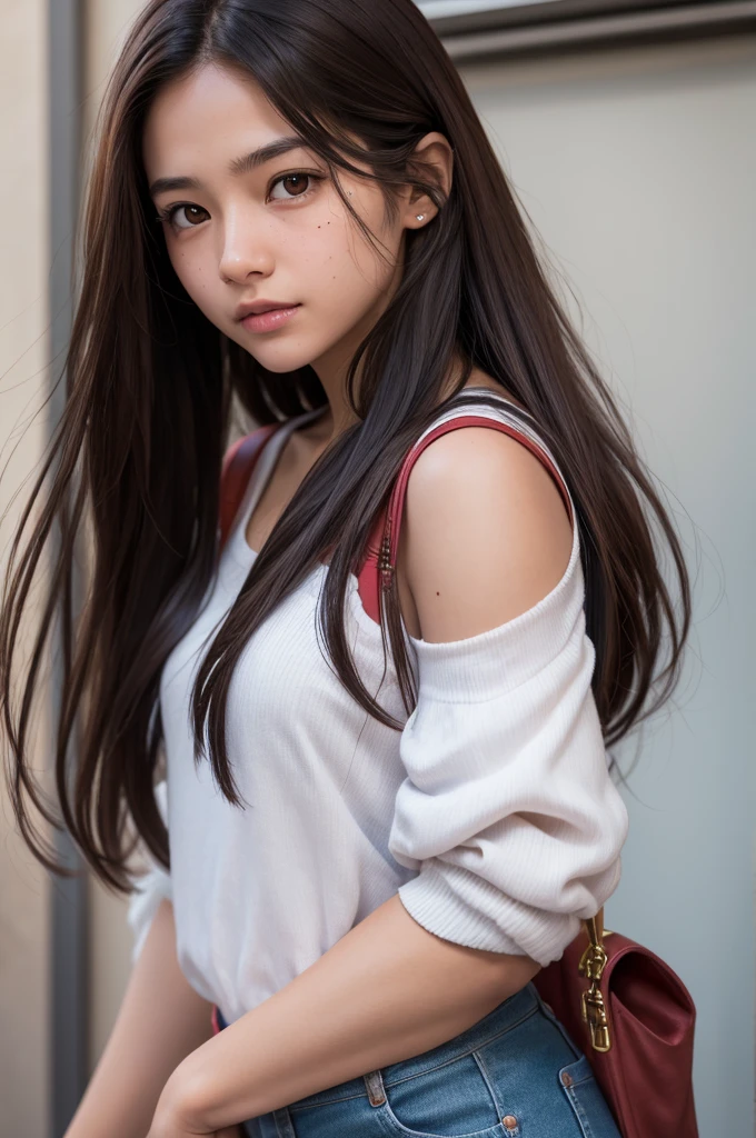 a girl from spiderman, sin mascara, long brown hair, looking to the camera, ultra-defined face, with a mole on the left side above the mouth