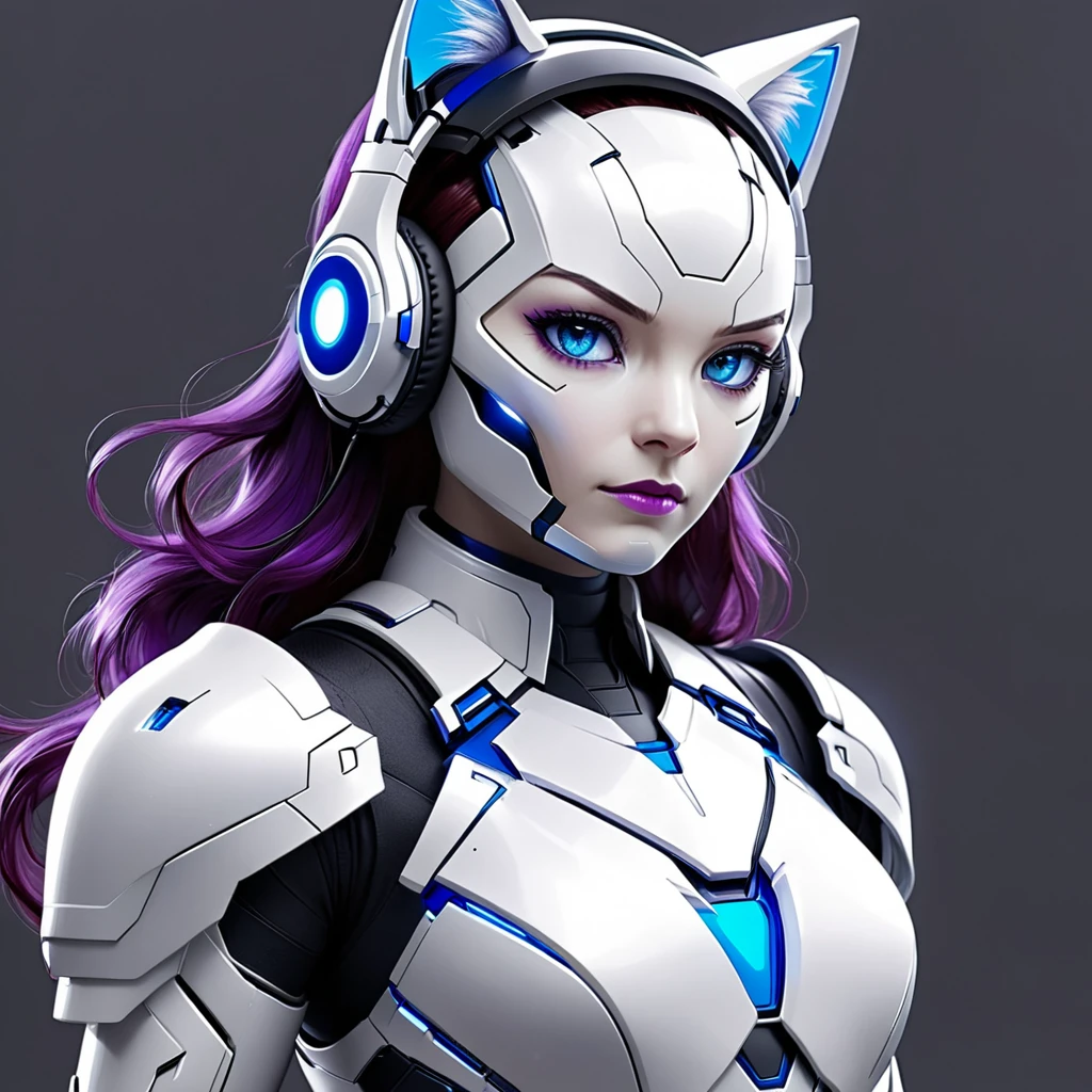 Create an image of the iron man woman with the white armor and black roberbord with blue details and the eyes will be purple with purple cat headphones that are part of the armor