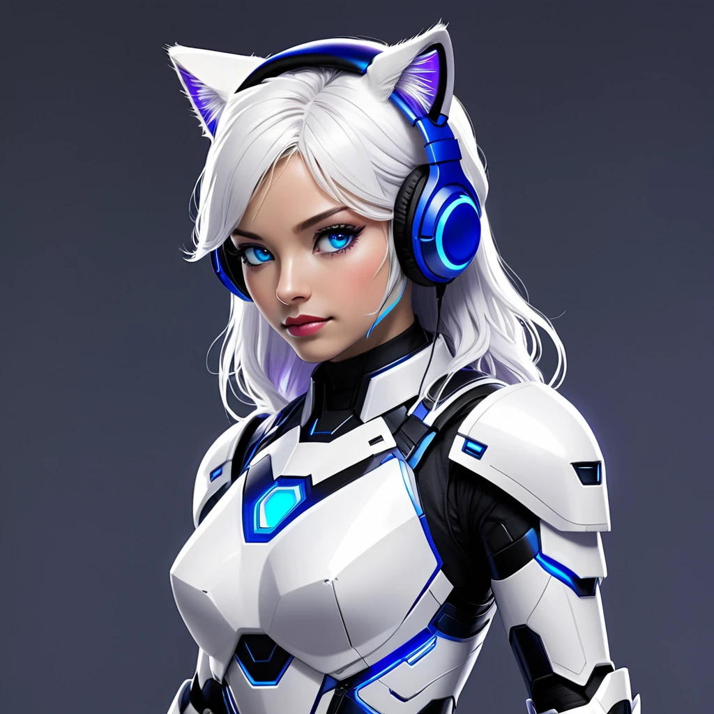Create an image of the iron man woman with the white armor and black roberbord with blue details and the eyes will be purple with purple cat headphones that are part of the armor