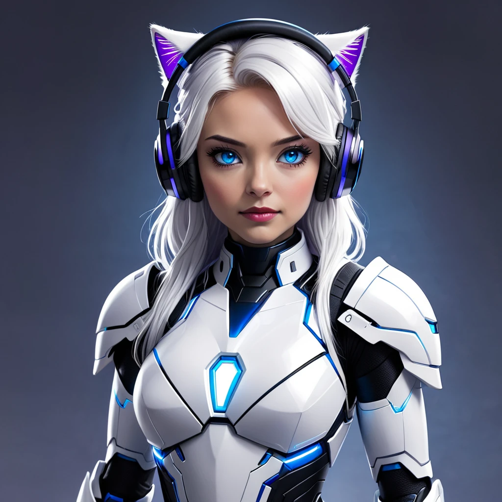 Create an image of the iron man woman with the white armor and black roberbord with blue details and the eyes will be purple with purple cat headphones that are part of the armor