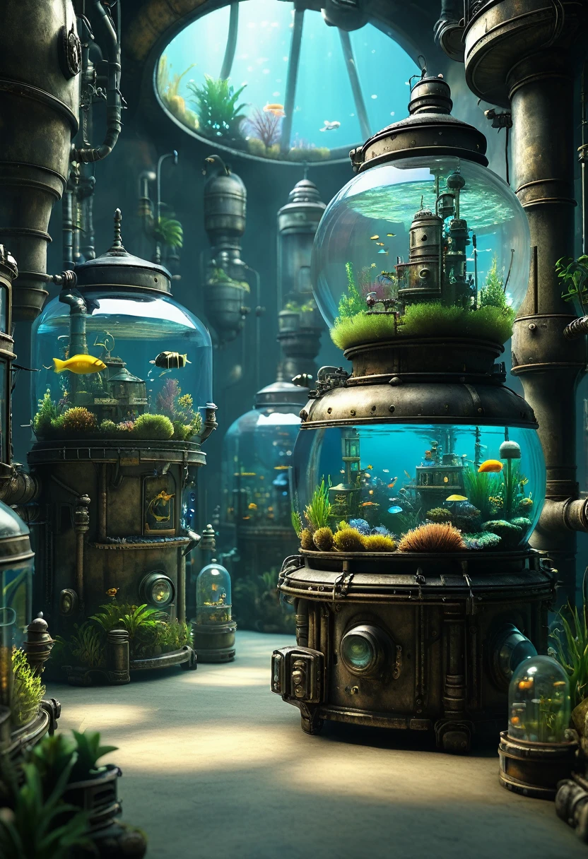 Machinarium filled with aquariums, hyperrealistic, 8K, octane render, dramatic lighting