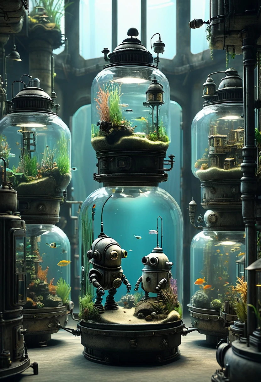 Machinarium filled with aquariums, hyperrealistic, 8K, octane render, dramatic lighting