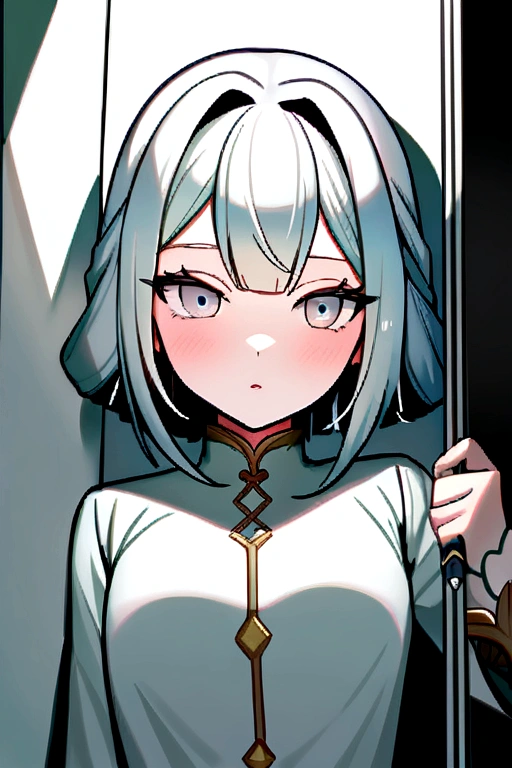 Vertin from reverse 1999, silver hair,  silver eyes, uses white closet