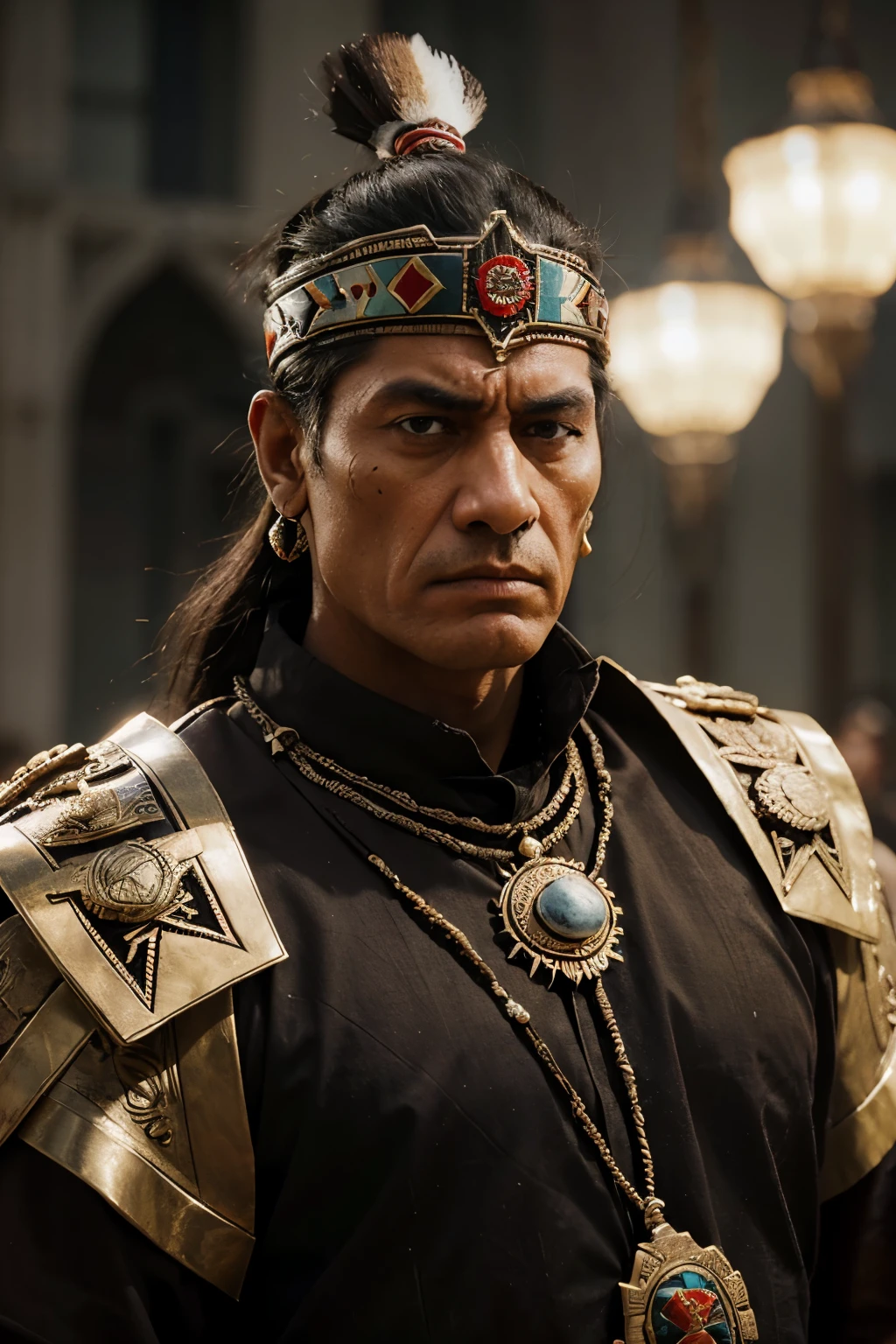 Super realistic image of the Aztec emperor in his imperial attire, super angry face after a battle against enemy indigenous people,