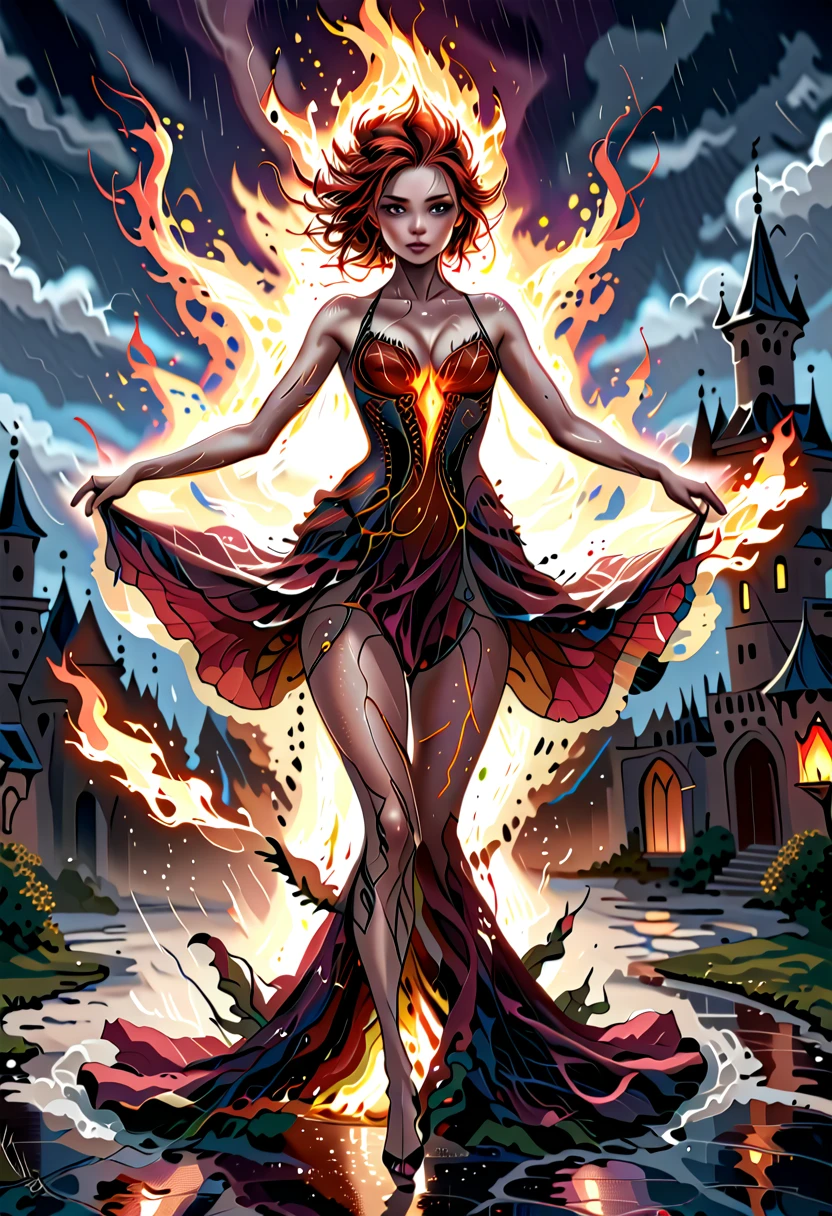 a sorceress of fire making fire dance in a the (storm of rain: 1.3), a most exquisite beautiful sorceress, controlling fire manipulating fire, a woman, dynamic hair color, dynamic hair style, (most beautiful face: 1.3), (ultra detailed face: 1.2), wet hair, wet face, dynamic eyes color, full body shot, wearing dress made of fire, wearing intricate high heels, light make up, dancing in courtyard of a fantasy castle background, ((heavy rain drops: 1.1)), clouds in the sky, (anatomically correct: 1.4), (full body shot: 1.1) , vibrant, Ultra-high resolution, High Contrast, (masterpiece:1.5), highest quality, Best aesthetics), best details, best quality, highres, ultra wide angle, 16k, [ultra detailed], masterpiece, best quality, (extremely detailed), firecd_xl, phoenix dress, fireMagicAI
