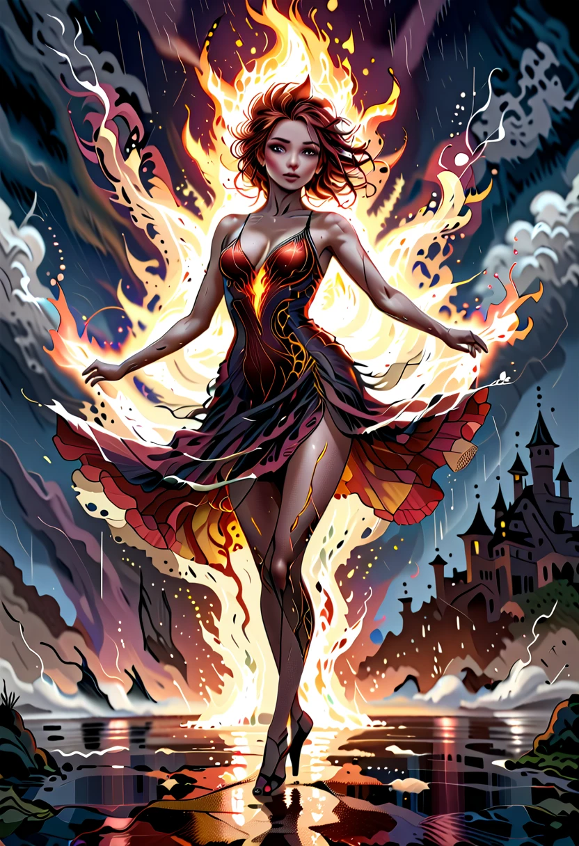 a sorceress of fire making fire dance in a the (storm of rain: 1.3), a most exquisite beautiful sorceress, controlling fire manipulating fire, a woman, dynamic hair color, dynamic hair style, (most beautiful face: 1.3), (ultra detailed face: 1.2), wet hair, wet face, dynamic eyes color, full body shot, wearing dress made of fire, wearing intricate high heels, light make up, dancing in courtyard of a fantasy castle background, ((heavy rain drops: 1.1)), clouds in the sky, (anatomically correct: 1.4), (full body shot: 1.1) , vibrant, Ultra-high resolution, High Contrast, (masterpiece:1.5), highest quality, Best aesthetics), best details, best quality, highres, ultra wide angle, 16k, [ultra detailed], masterpiece, best quality, (extremely detailed), firecd_xl, phoenix dress, fireMagicAI