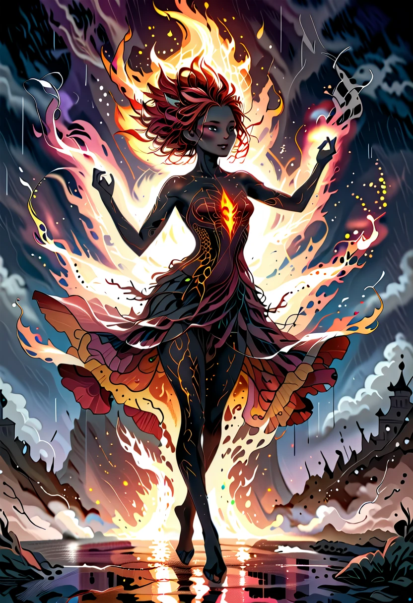 a sorceress of fire making fire dance in a the (storm of rain: 1.3), a most exquisite beautiful sorceress, controlling fire manipulating fire, a woman, dynamic hair color, dynamic hair style, (most beautiful face: 1.3), (ultra detailed face: 1.2), wet hair, wet face, dynamic eyes color, full body shot, wearing dress made of fire, wearing intricate high heels, light make up, dancing in courtyard of a fantasy castle background, ((heavy rain drops: 1.1)), clouds in the sky, (anatomically correct: 1.4), (full body shot: 1.1) , vibrant, Ultra-high resolution, High Contrast, (masterpiece:1.5), highest quality, Best aesthetics), best details, best quality, highres, ultra wide angle, 16k, [ultra detailed], masterpiece, best quality, (extremely detailed), firecd_xl, phoenix dress, fireMagicAI