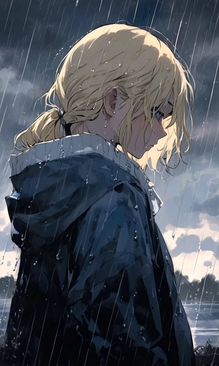 Sad girl,cry,darkness,Rain sky,。.。.。.。.。.。.。.。.。.。.。.。.。.。.。.。,Upscale,hard disk,Blonde short,is crying,with his back turned