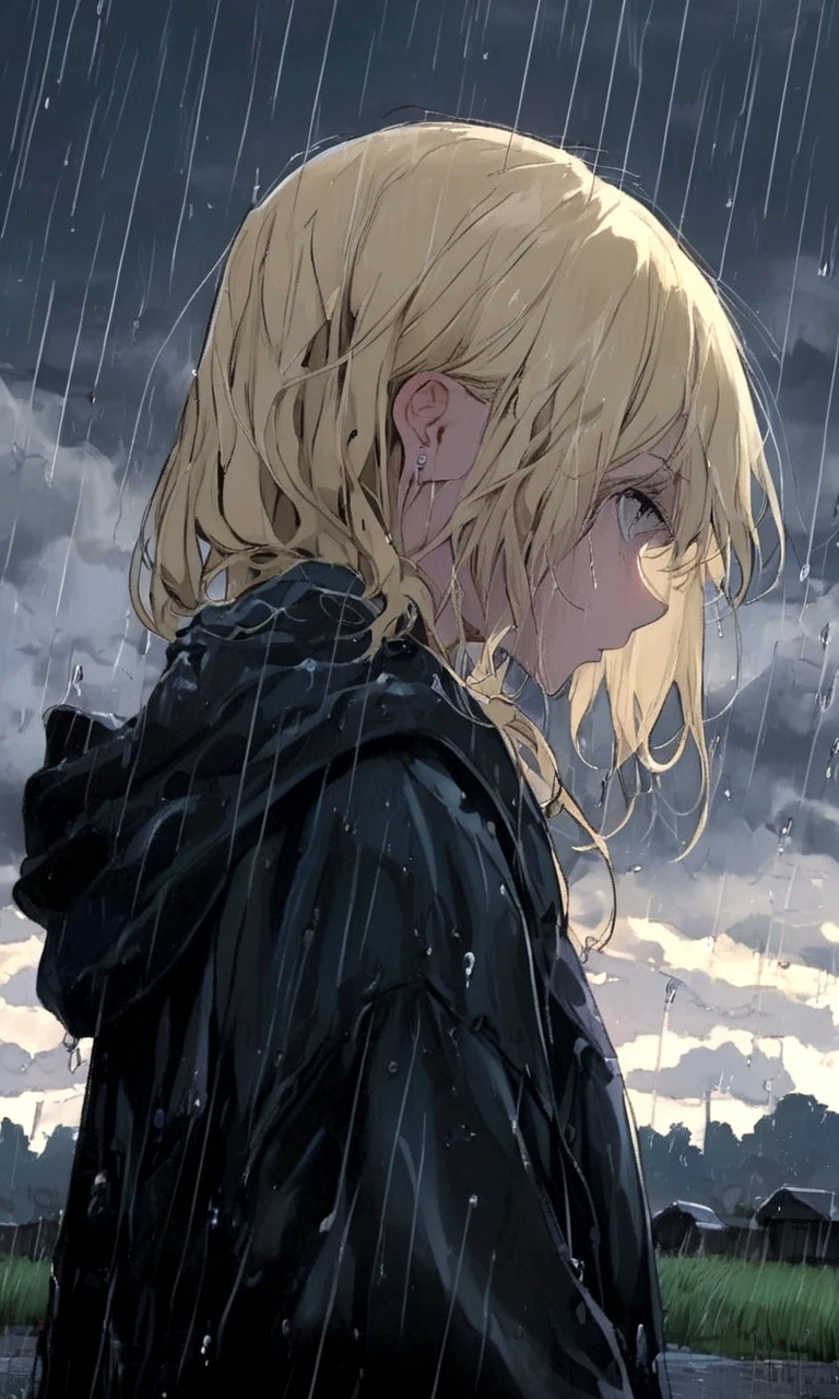 Sad girl,cry,darkness,Rain sky,。.。.。.。.。.。.。.。.。.。.。.。.。.。.。.。,Upscale,hard disk,Blonde short,is crying,with his back turned