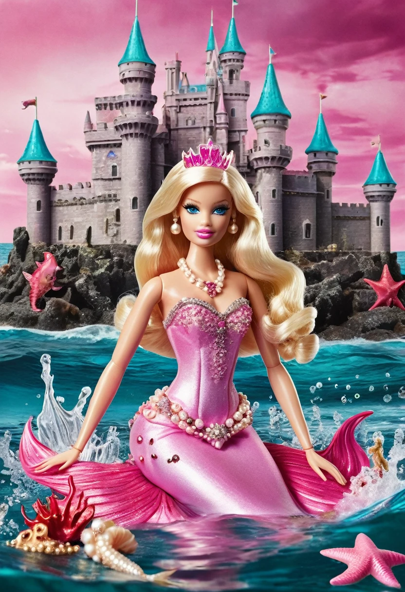 Blonde Barbie doll with mermaid tail, blonde hair and princess tiara behind a royal castle in an ocean with bloody waters and a dead pink seahorse next to it and shells with open pearls with pearl necklaces and rings with bloodstains