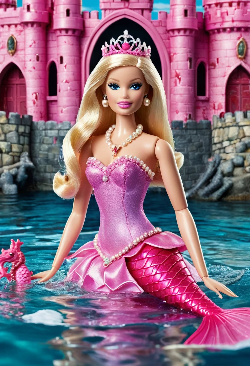 Blonde Barbie doll with mermaid tail, blonde hair and princess tiara behind a royal castle in an ocean with bloody waters and a dead pink seahorse next to it and shells with open pearls with pearl necklaces and rings with bloodstains