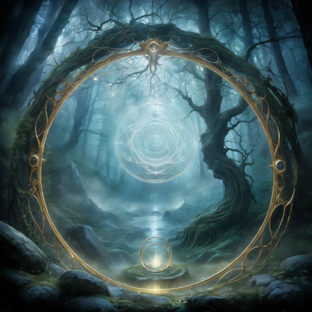 (Magic Circle:1.5), aesthetic, extremely detailed, Fantastic, Illustration, mid shot, Magic Circle, intrigued, (mystical energies:1.2) swirling within, ancient stone circle, misty forest, soft glow, two tone lighting, dim light, fantasy, contrast, watercolors, fairycore, dreamcore, Adi Granov, Brian Froud, John Jude Palencar.