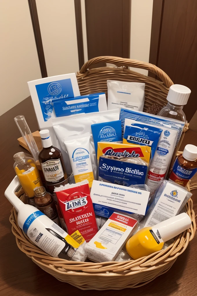 Create a gift basket with various anabolic steroids and syringes with the name Ramon on the front