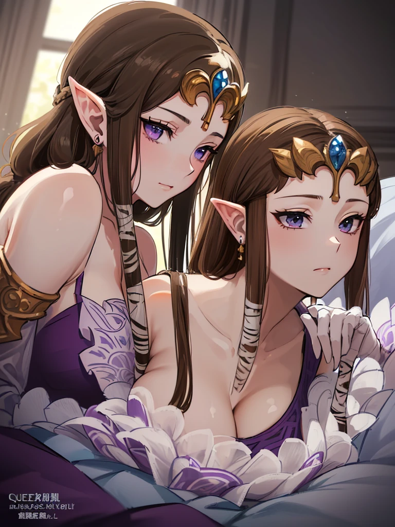 ((((Exposed shoulders)))),((())),(((((Side angle))))),(((Expressionless))),((((Striking a sexy pose)))))),((Upper Body)),((alone)),((),Anime art style,masterpiece,(Highest quality), (Super detailed),(Very delicate and beautiful),(ponytail),(detailedな顔と目),Beautiful eyes like jewels,(,(((Mature Woman,Queen))),(()),((crinoline)),,((Straight long hair)),,Cleavage,(bed),length_gloves,Very gorgeous hair accessories,、(((()))),((((Adult Expressions)))),((((Beautiful Face)))),((((dress)))),(()),(((Long Hair)))),((((Straight hair)))),((Cleavage)),((((Dark brown hair)))),Princess Zelda,((chest is slightly exposed)), ((Highest quality)),,(Very detailed) ,(((((Purple blouse))),(()),Brown Hair,, ((Highest quality)), (Very detailed),((detailed)),(((pray))),Nintendo, The Legend of Zelda),,((alone)), ((Highest quality)), (((Portrait of a single person))), ,