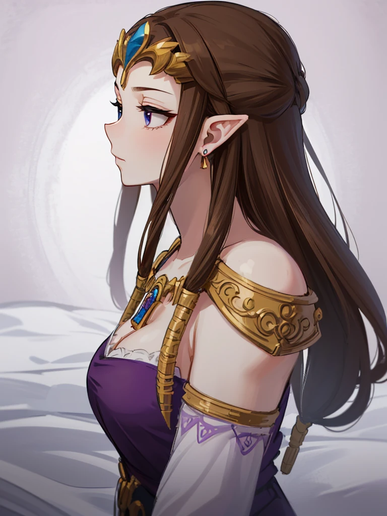 ((((Exposed shoulders)))),((())),(((((Side angle))))),(((Expressionless))),((((Striking a sexy pose)))))),((Upper Body)),((alone)),((),Anime art style,masterpiece,(Highest quality), (Super detailed),(Very delicate and beautiful),(ponytail),(detailedな顔と目),Beautiful eyes like jewels,(,(((Mature Woman,Queen))),(()),((crinoline)),,((Straight long hair)),,Cleavage,(bed),length_gloves,Very gorgeous hair accessories,、(((()))),((((Adult Expressions)))),((((Beautiful Face)))),((((dress)))),(()),(((Long Hair)))),((((Straight hair)))),((Cleavage)),((((Dark brown hair)))),Princess Zelda,((chest is slightly exposed)), ((Highest quality)),,(Very detailed) ,(((((Purple blouse))),(()),Brown Hair,, ((Highest quality)), (Very detailed),((detailed)),(((pray))),Nintendo, The Legend of Zelda),,((alone)), ((Highest quality)), (((Portrait of a single person))), ,