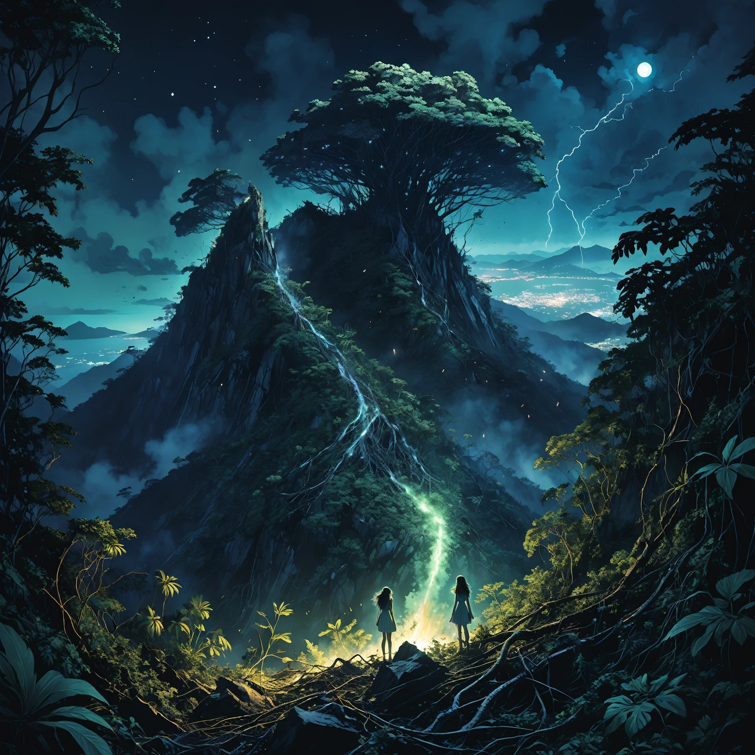 In a brief interim a ghostly dryad illuminates with St. Elmo's Fire a 747 crash site at the top of a mountain covered by tropical vegetation, showcasing the destruction partially hidden by vegetation, nighttime, melancholic, gloomy, eerie. inspired by manhua aesthetics.