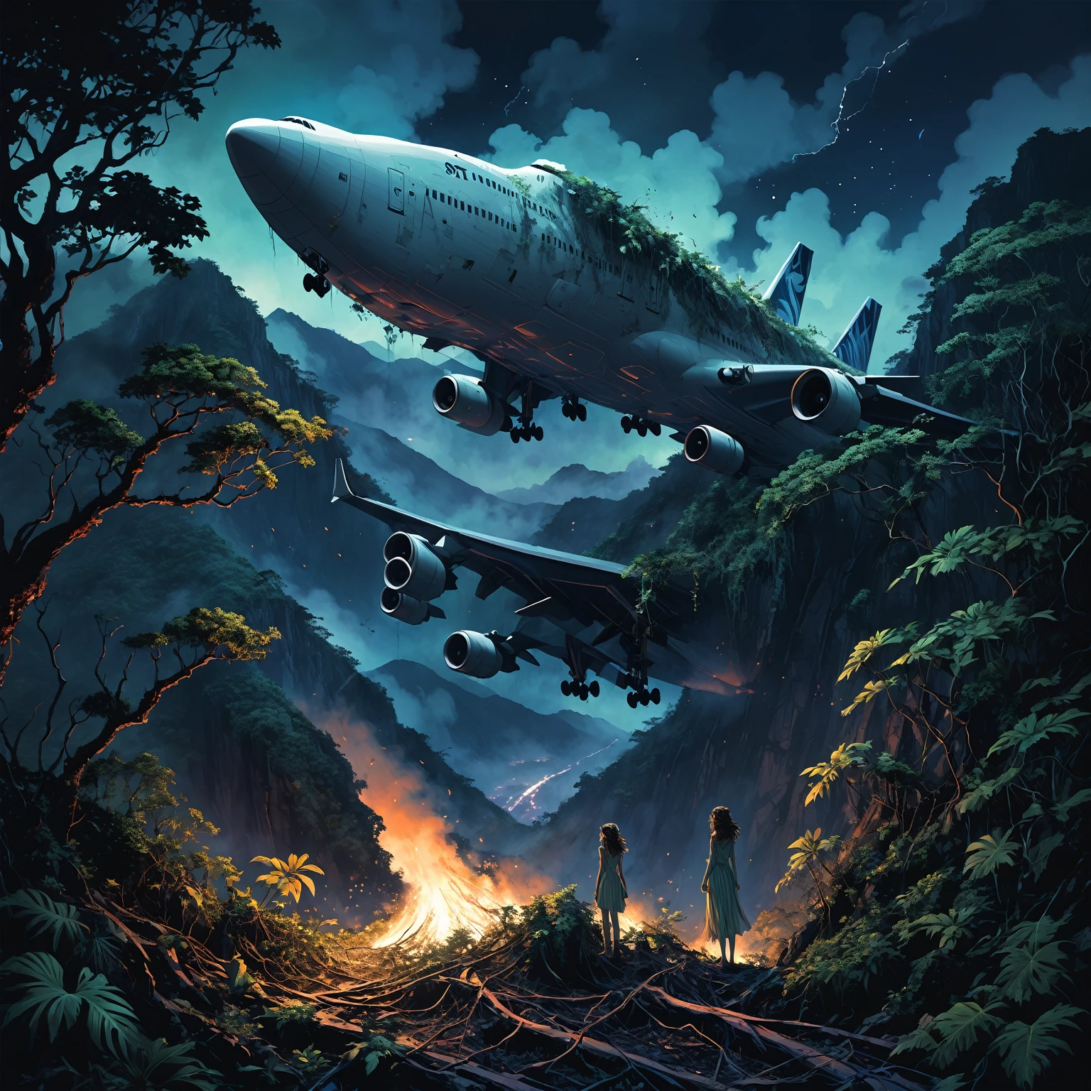In a brief interim a ghostly dryad illuminates with St. Elmo's Fire a 747 crash site at the top of a mountain covered by tropical vegetation, showcasing the destruction partially hidden by vegetation, nighttime, melancholic, gloomy, eerie. inspired by manhua aesthetics.