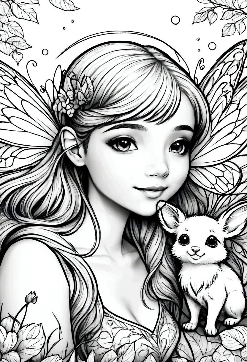 (A black and white coloring book:1.5), A mischievous fairy playing with woodland animals in a sunlit glade, clean line art, white background, colouring page, clean outline