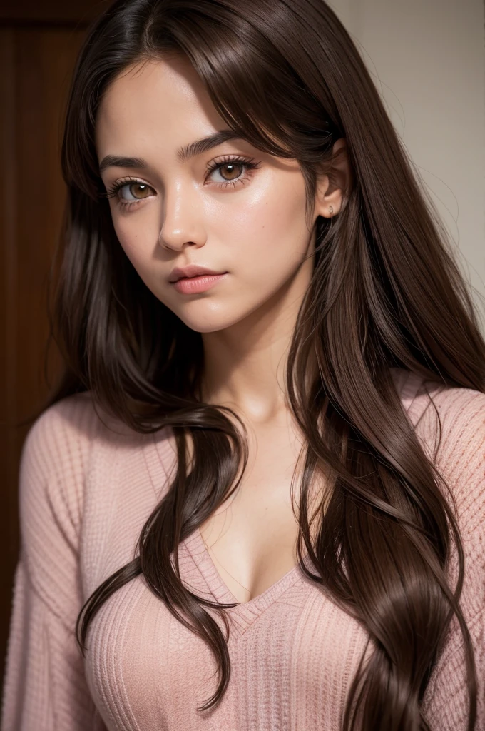 a girl from spiderman, con mascara, long brown hair, looking to the camera
