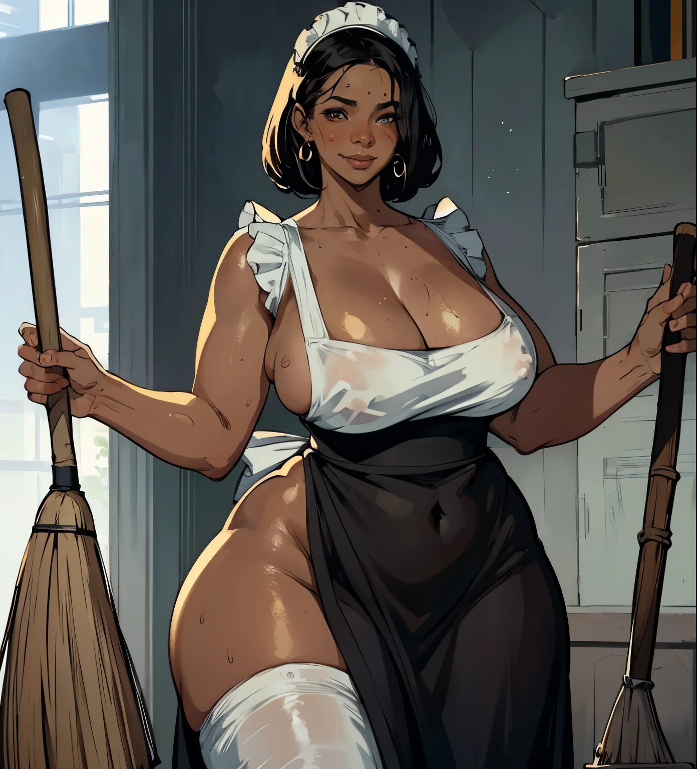 One,1 mature maid,wet cameltoe，(behind),sweating body，just hips，((Take a broom)),(public hair under apron), naked white apron ,((dark skin)),trending on artstation, complex parts, very detailed,, complex parts лица,Curvy physique, fat body,((mature woman))，in the kitchen，bright, 4K, complex parts, big breasts are charming, Professional Production, resolution 12k,(Seductive smile),black hair

