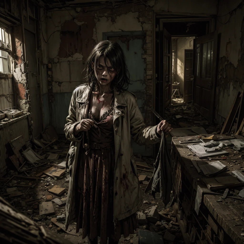 A zombie girl wearing a straitjacket, in the background a sinister and dilapidated asylum