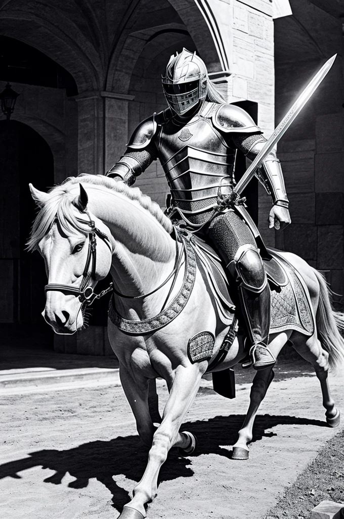 Knight riding a muscular horse holding diamond sword colouring pages