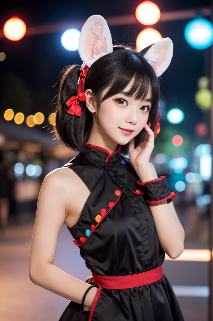 **A Jpanese young cute woman is standing in a vibrant and lively setting, wearing a black outfit with white stitching details. She has short, straight hair and is wearing a face mask. On her head, she has a pair of large, black mouse ears with a red bow adorned with white polka dots. She is holding her hand near her face, showcasing a ring. The background is softly blurred, featuring colorful lights and a bustling atmosphere, giving a sense of a busy, joyful location.