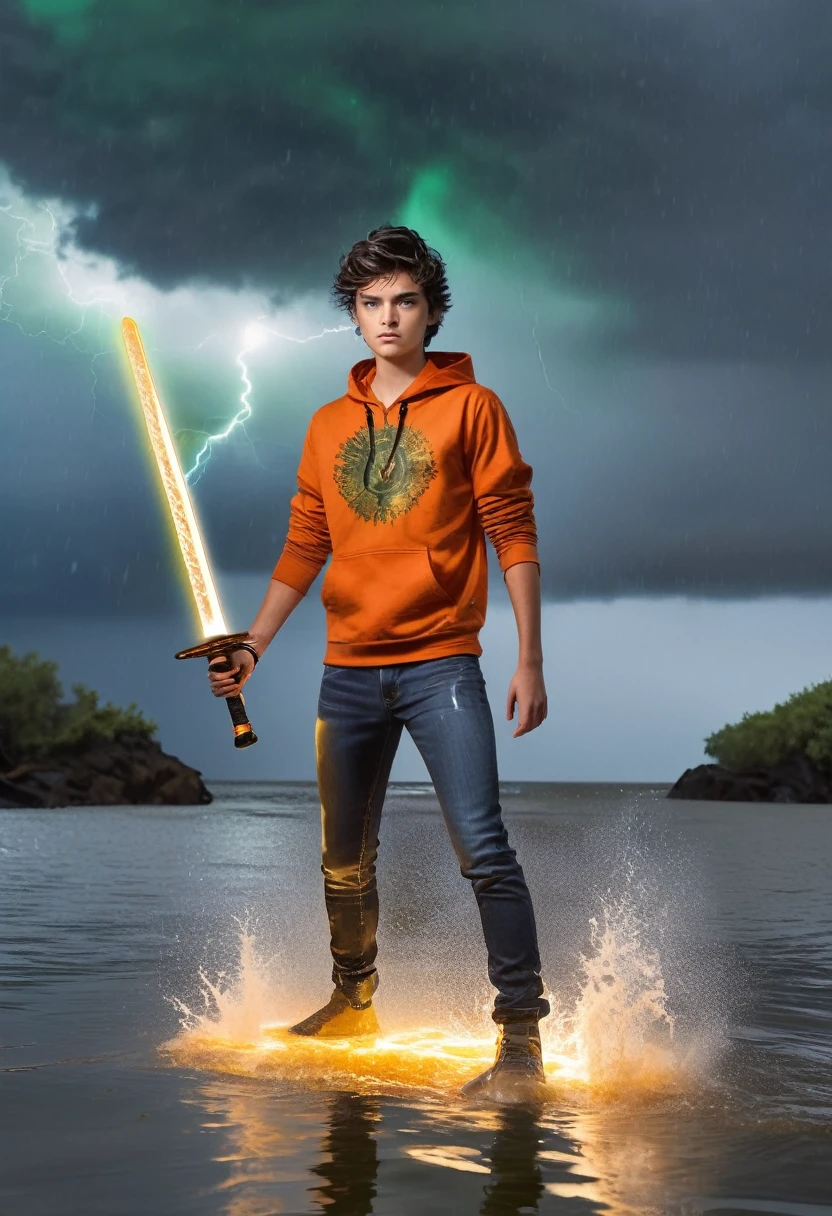 1boy, 18yo, fair skinned, short, messy black hair, green eyes, torrential waters, dark and stormy skies, lightning, standing in the water, wearing an orange t-shirt with blue jeans, grey hoodie jacket, (holding a Greek Xiphos sword with a glowing bronze blade: 1.3)