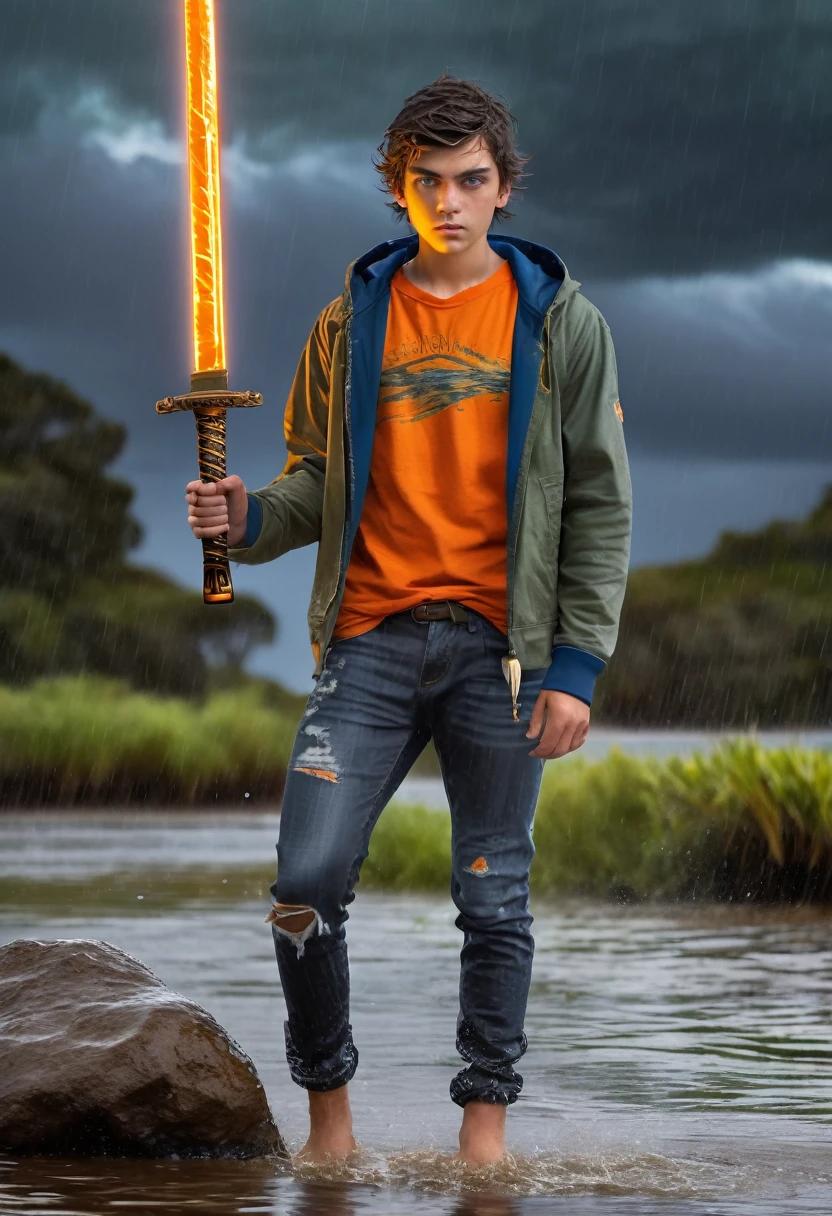1boy, 18yo, fair skinned, short, messy black hair, green eyes, torrential waters, dark and stormy skies, lightning, standing in the water, wearing an orange t-shirt with blue jeans, grey hoodie jacket, (holding a Greek Xiphos sword with a glowing bronze blade: 1.3)