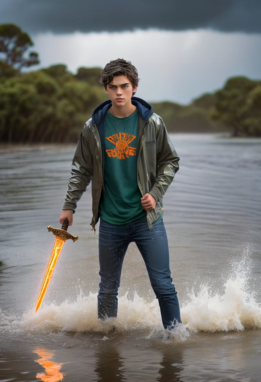 1boy, 18yo, fair skinned, short, messy black hair, green eyes, torrential waters, dark and stormy skies, lightning, standing in the water, wearing an orange t-shirt with blue jeans, grey hoodie jacket, (holding a Greek Xiphos sword with a glowing bronze blade: 1.3)