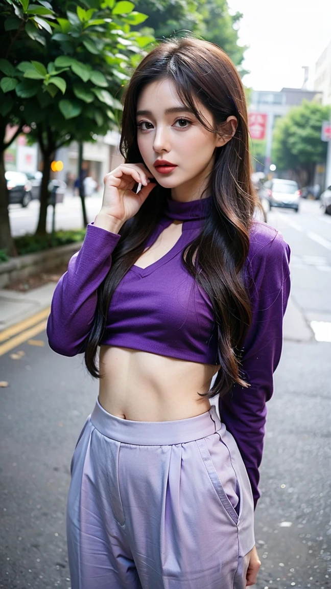 woman korean  hair purple beautifull face wear top and pant