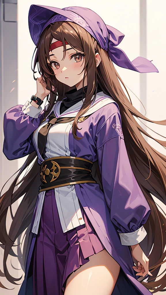 An anime girl in a lavender Clan outfit, with long, loose brown hair and brown eyes and a bandana on her forehead