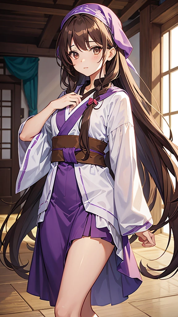 An anime girl in a lavender Clan outfit, with long, loose brown hair and brown eyes and a bandana on her forehead