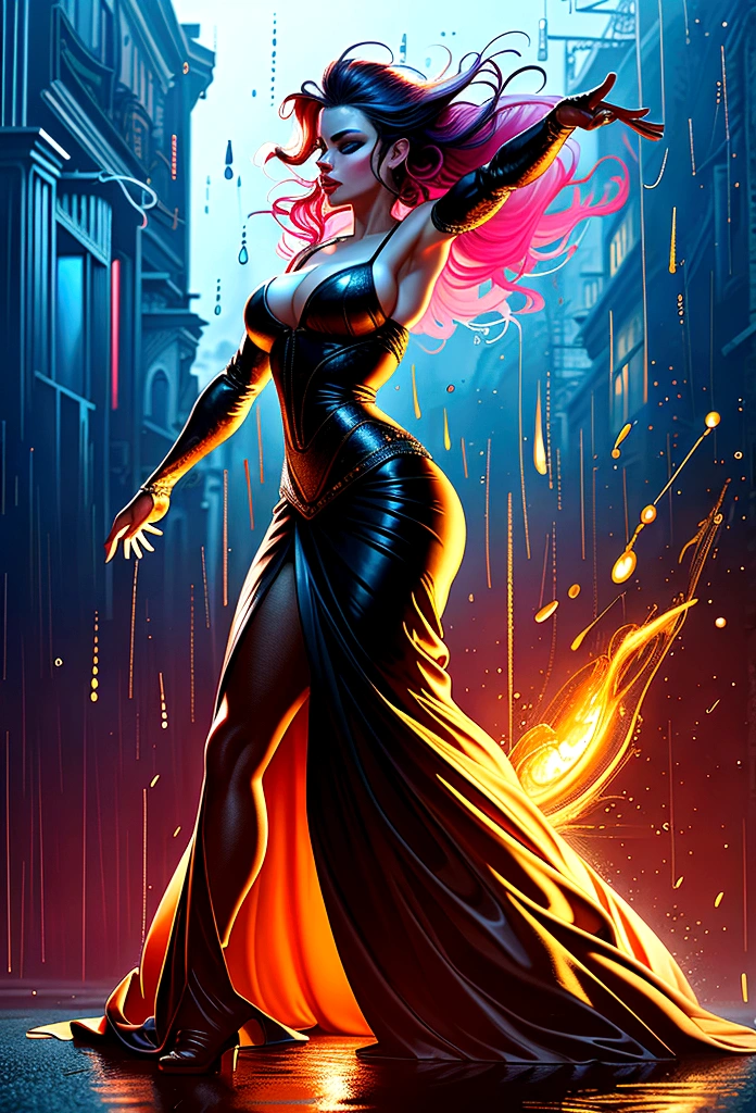 a sorceress of fire making fire dance in a the (storm of rain: 1.3), a most exquisite beautiful sorceress, controlling fire manipulating fire, a woman, dynamic hair color, dynamic hair style, (most beautiful face: 1.3), (ultra detailed face: 1.2), wet hair, wet face, dynamic eyes color, full body shot, wearing dress made of fire, wearing intricate high heels, light make up, dancing in courtyard of a fantasy castle background, ((heavy rain drops: 1.1)), clouds in the sky, (anatomically correct: 1.4), (full body shot: 1.1) , vibrant, Ultra-high resolution, High Contrast, (masterpiece:1.5), highest quality, Best aesthetics), best details, best quality, highres, ultra wide angle, 16k, [ultra detailed], masterpiece, best quality, (extremely detailed), human on fire
